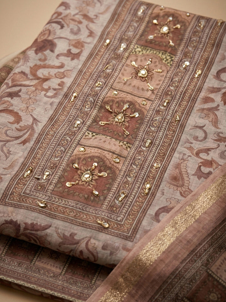 Peach Printed Chanderi Unstitched Dress Material