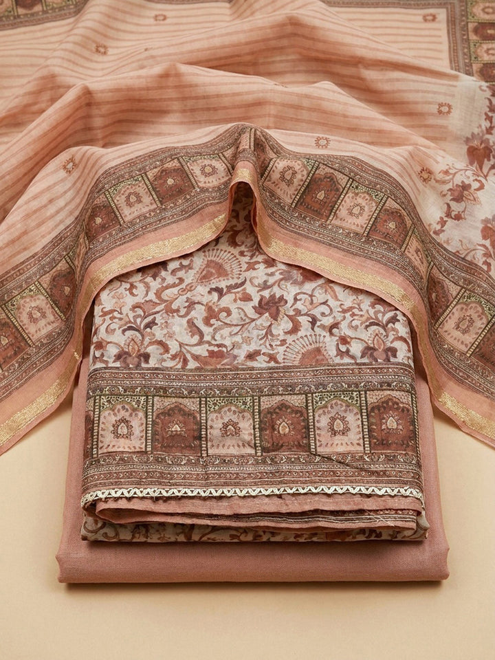 Peach Printed Chanderi Unstitched Dress Material