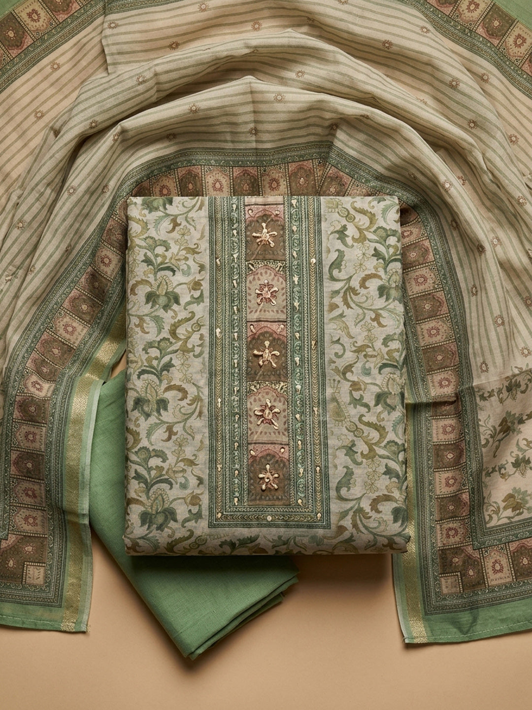 Pista Green Printed Chanderi Unstitched Dress Material