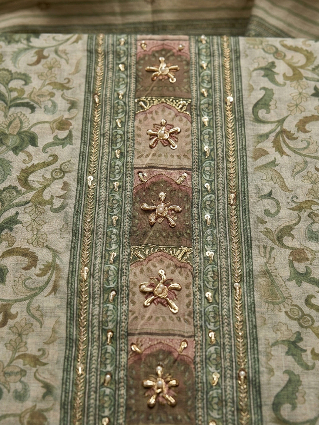 Pista Green Printed Chanderi Unstitched Dress Material