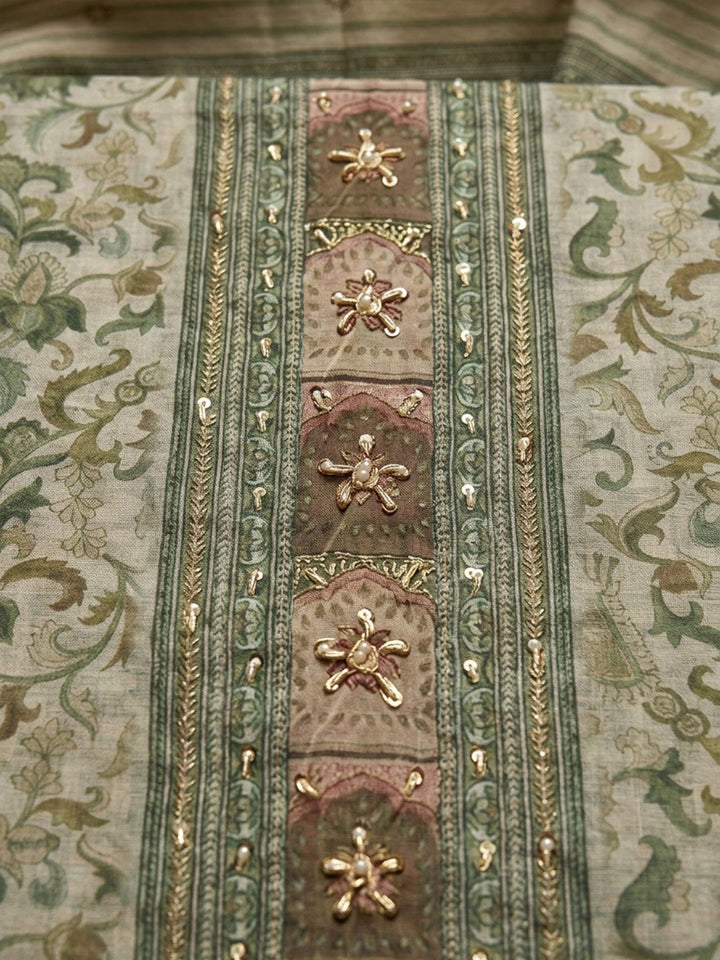Pista Green Printed Chanderi Unstitched Dress Material