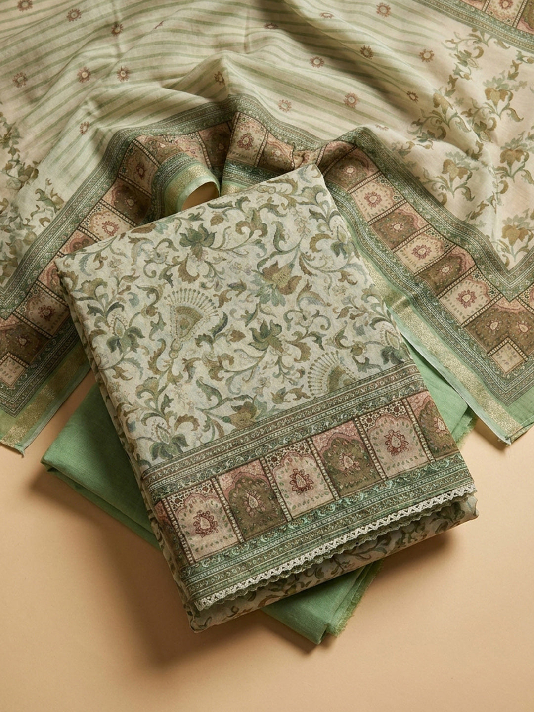 Pista Green Printed Chanderi Unstitched Dress Material
