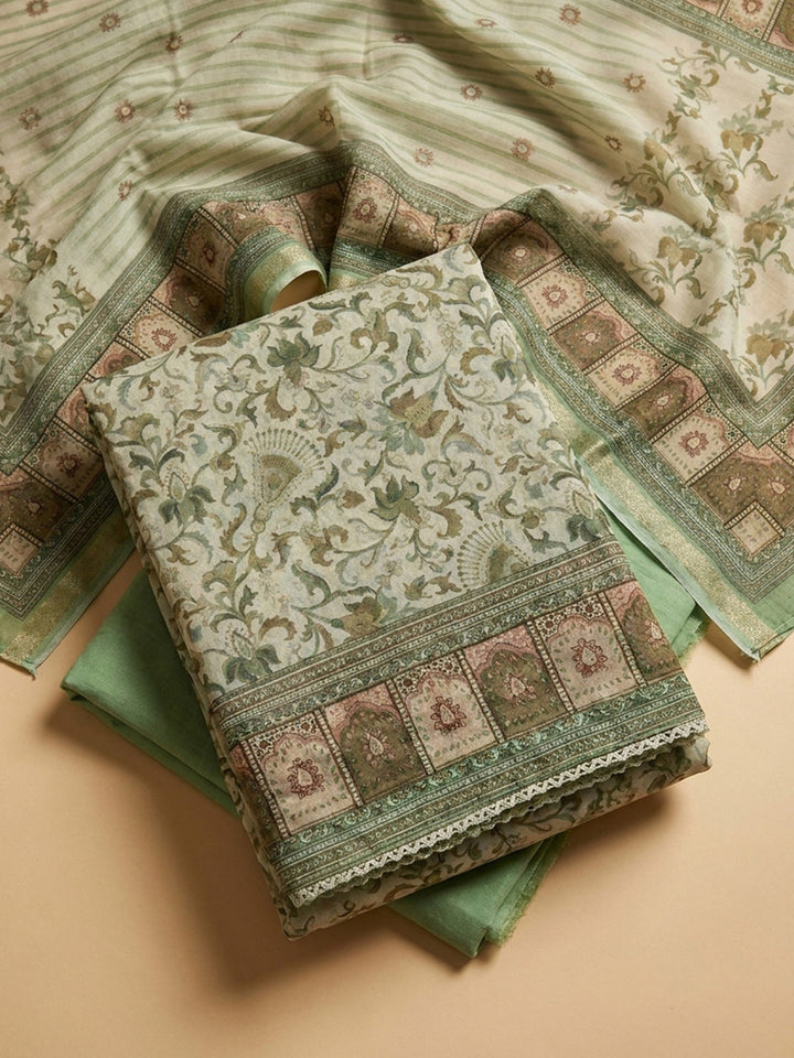 Pista Green Printed Chanderi Unstitched Dress Material