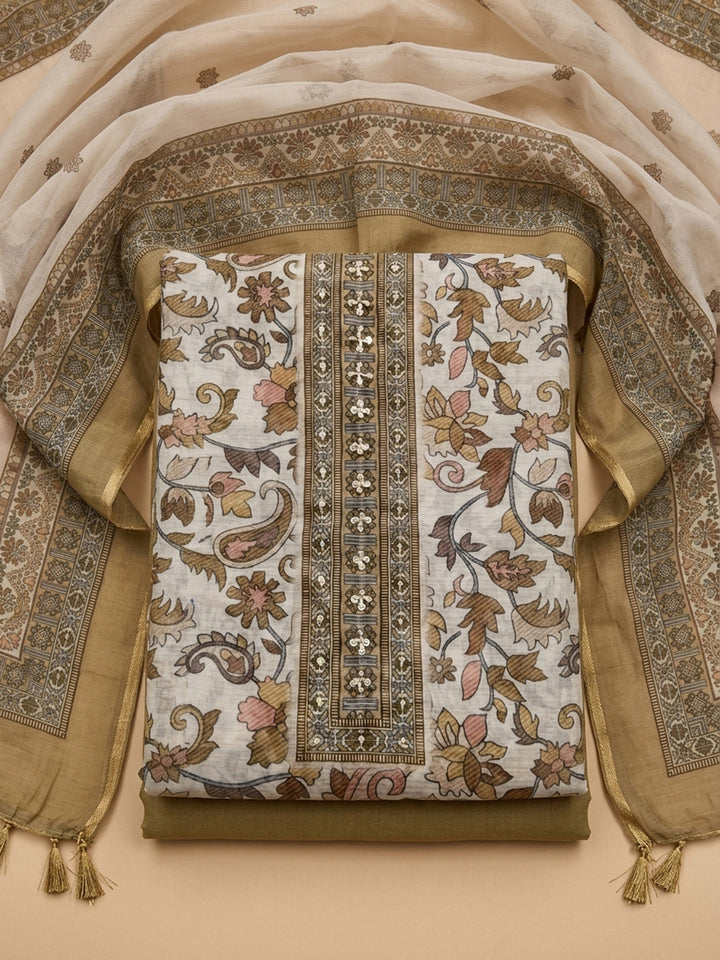 Brown Printed Chanderi Unstitched Dress Material