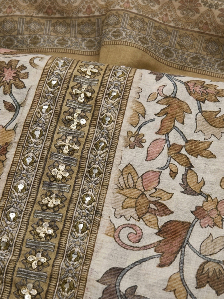 Brown Printed Chanderi Unstitched Dress Material