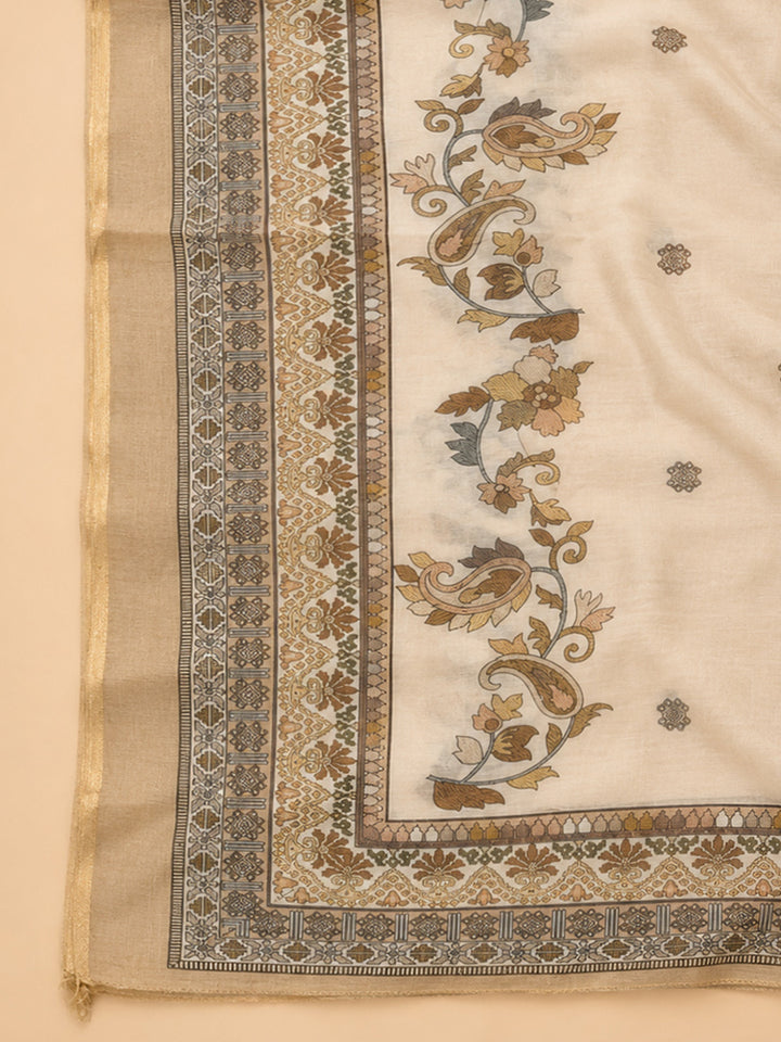 Brown Printed Chanderi Unstitched Dress Material