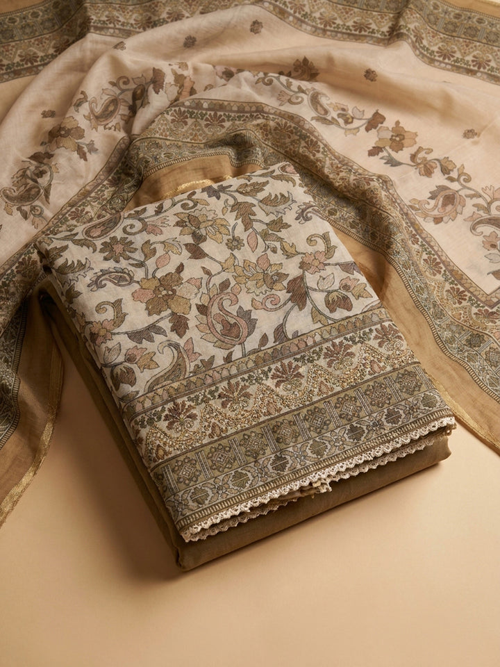 Brown Printed Chanderi Unstitched Dress Material