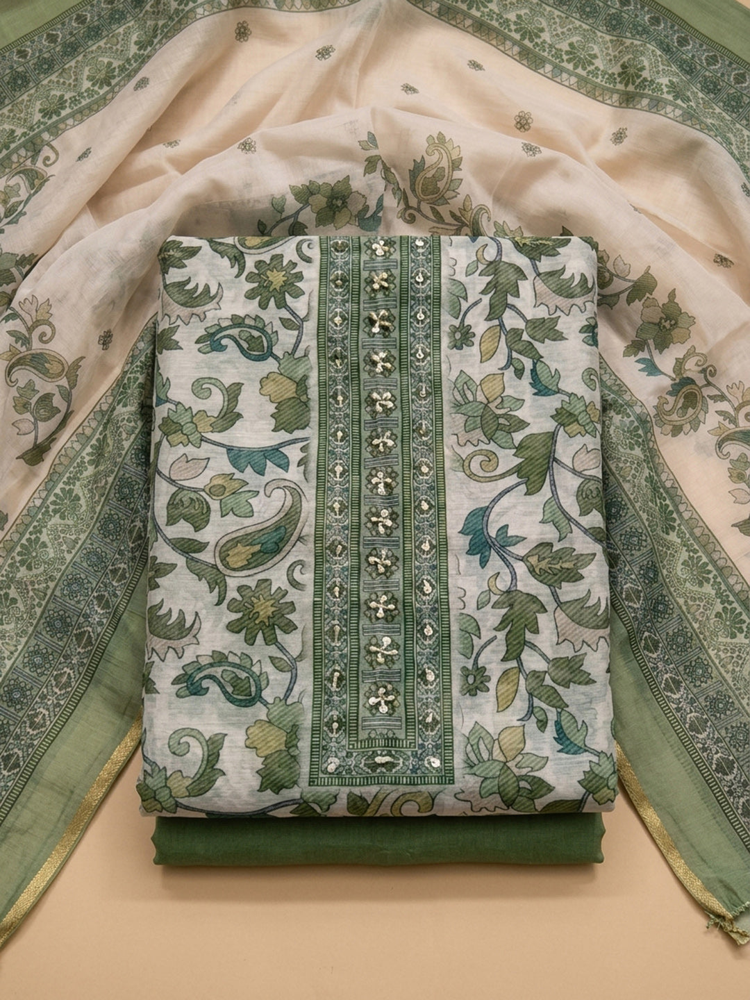 Green Printed Chanderi Unstitched Dress Material