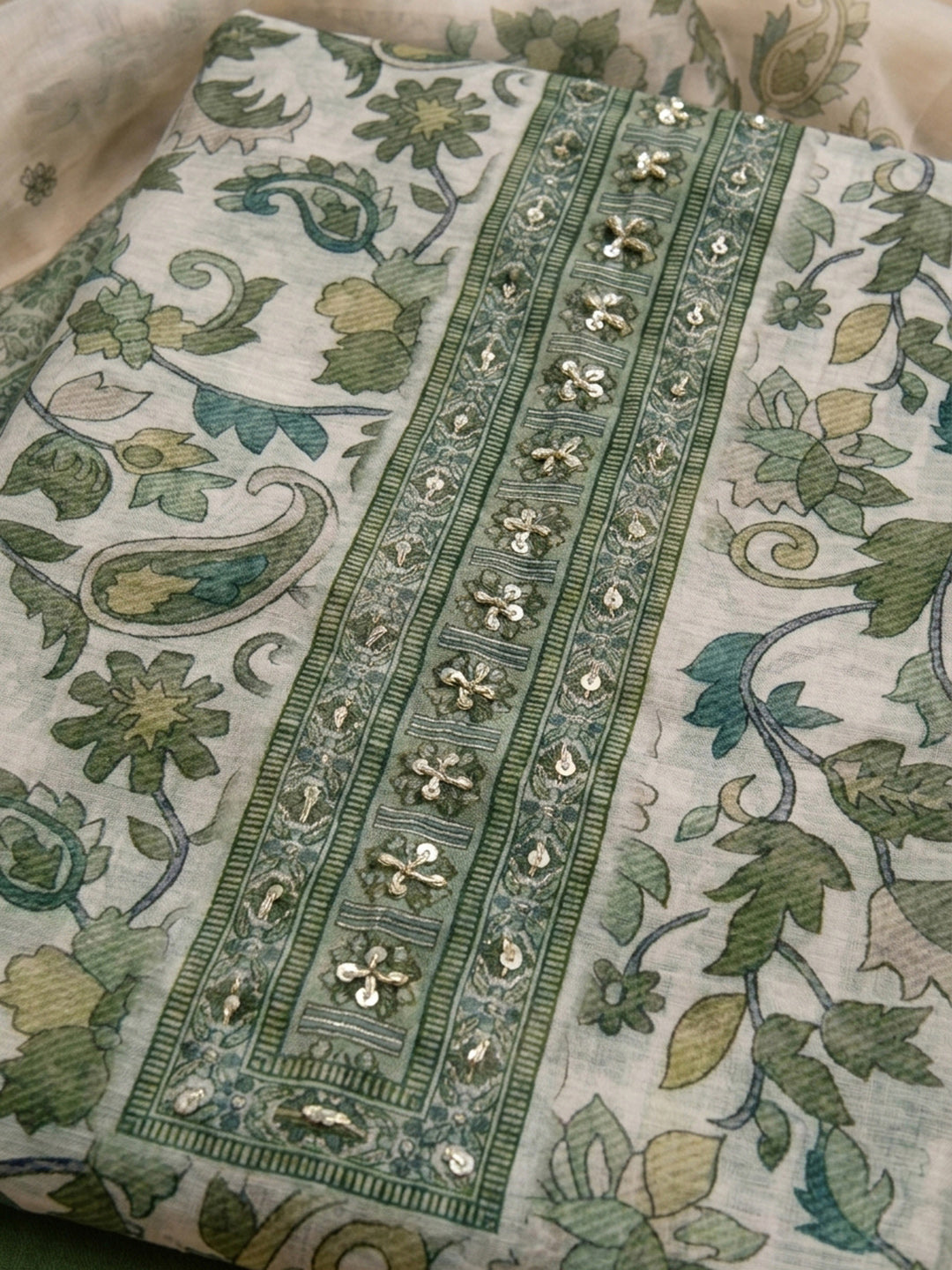 Green Printed Chanderi Unstitched Dress Material