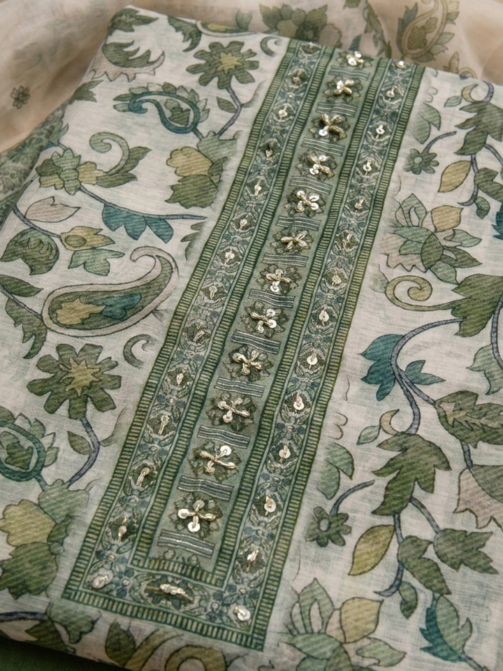 Green Printed Chanderi Unstitched Dress Material