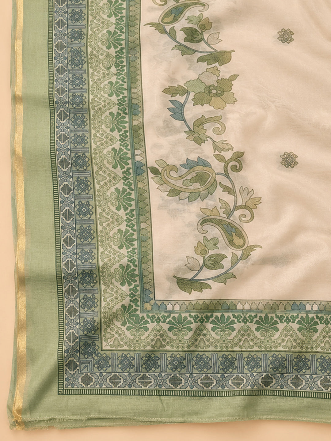 Green Printed Chanderi Unstitched Dress Material