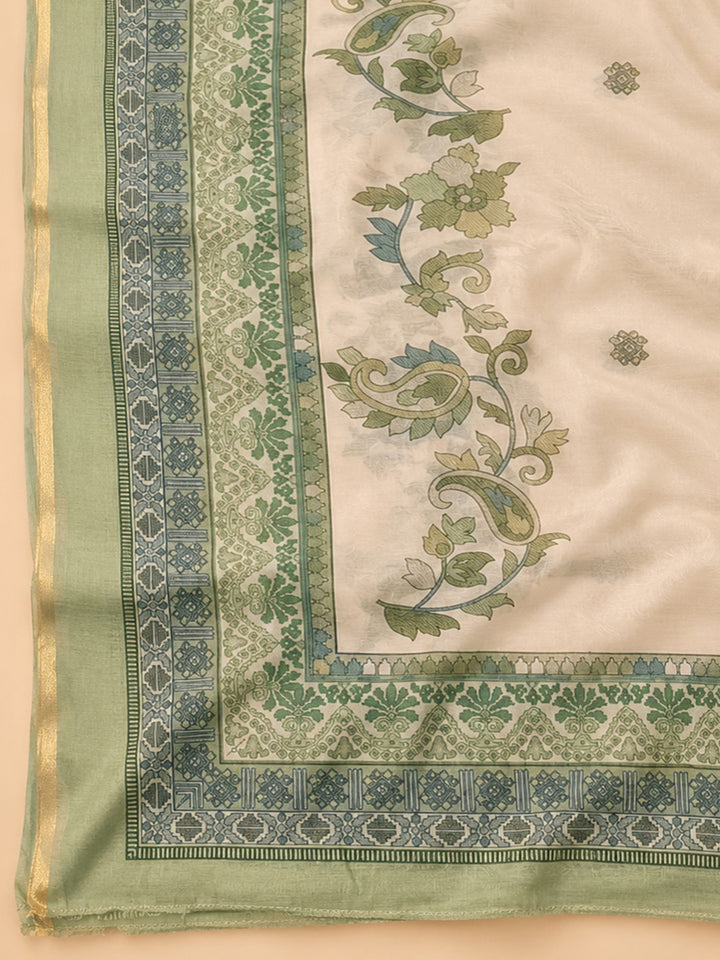 Green Printed Chanderi Unstitched Dress Material