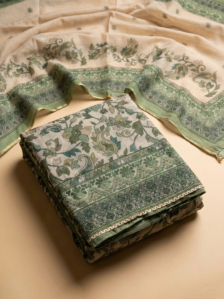 Green Printed Chanderi Unstitched Dress Material