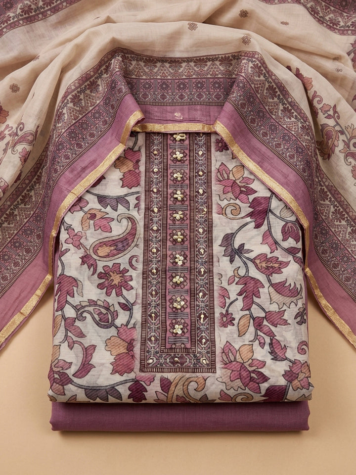 Onion Pink Printed Chanderi Unstitched Dress Material