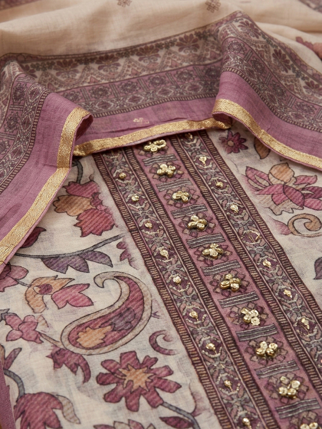 Onion Pink Printed Chanderi Unstitched Dress Material