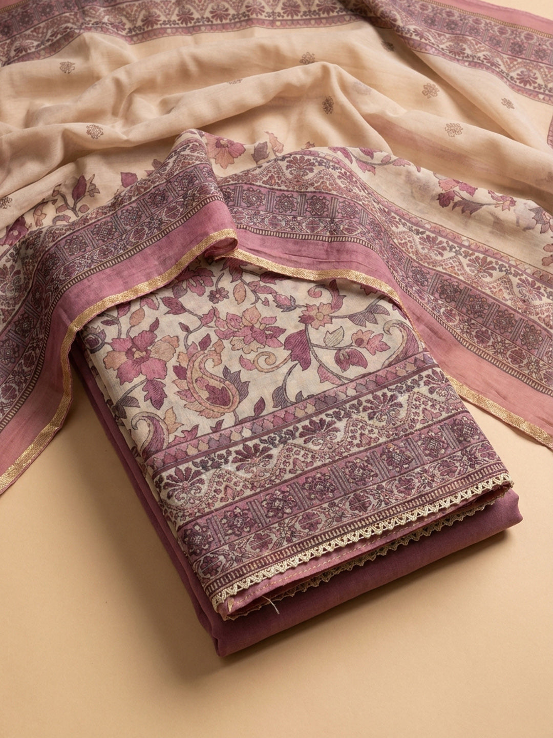 Onion Pink Printed Chanderi Unstitched Dress Material