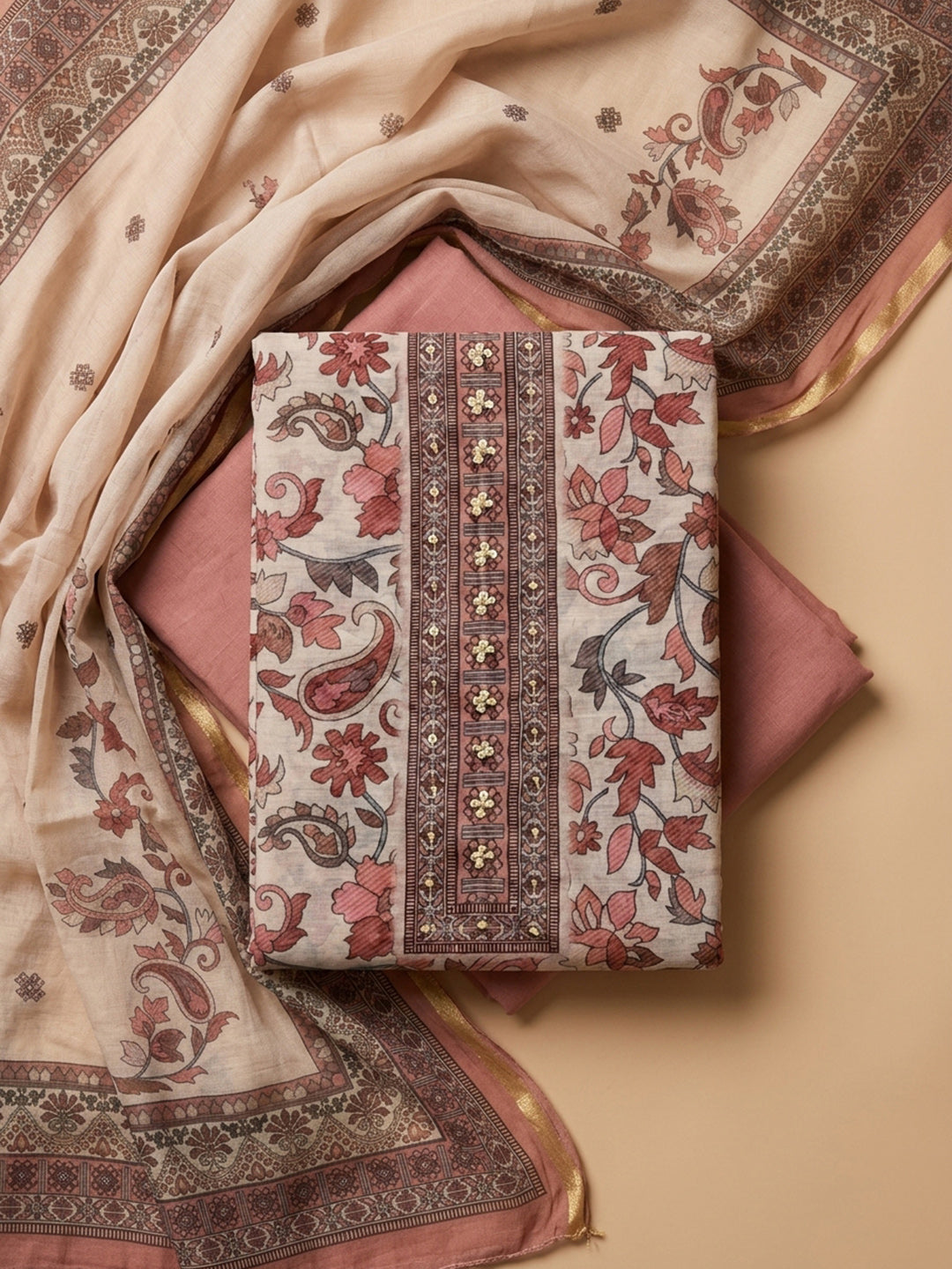 Rust Printed Chanderi Unstitched Dress Material