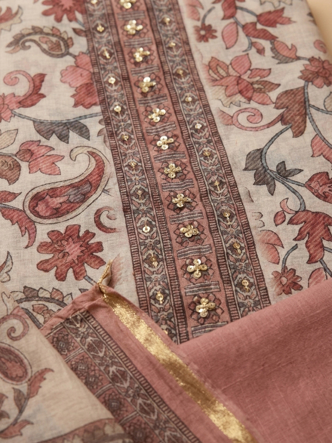 Rust Printed Chanderi Unstitched Dress Material