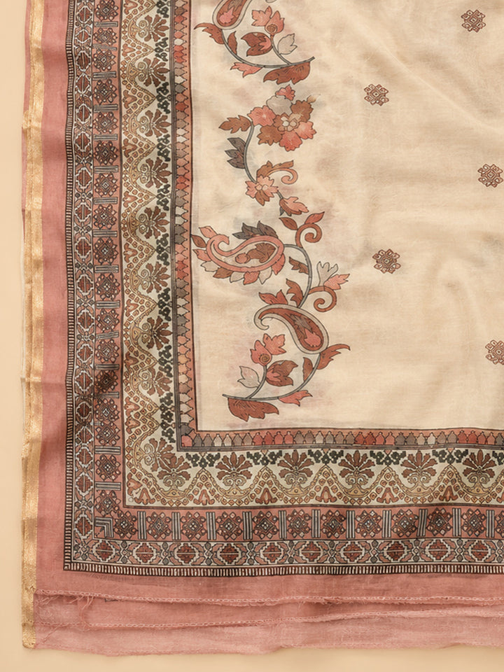 Rust Printed Chanderi Unstitched Dress Material