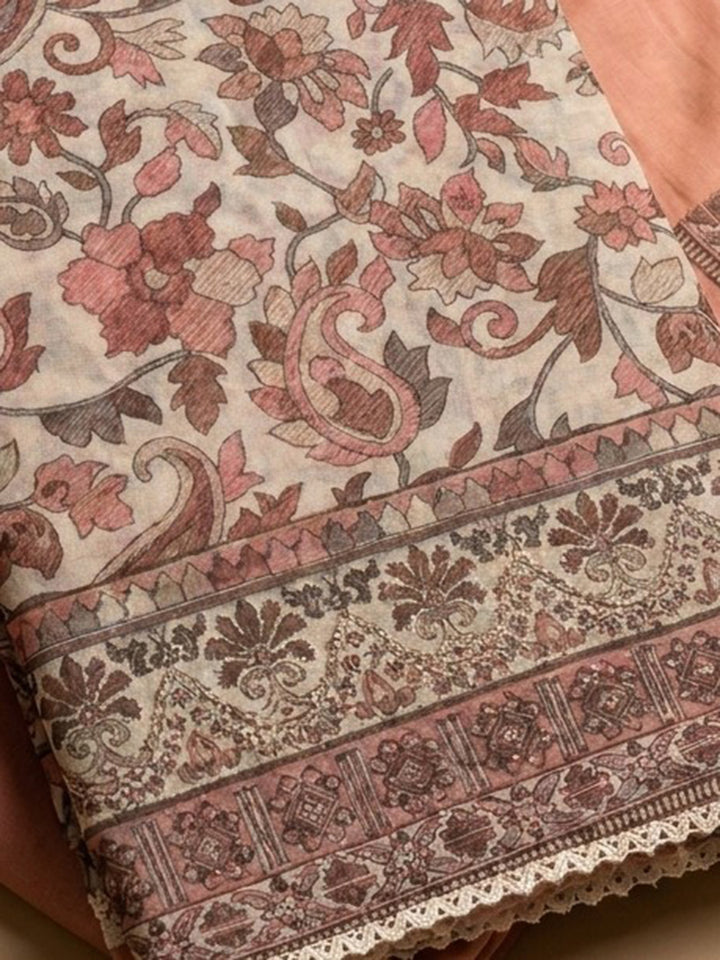 Rust Printed Chanderi Unstitched Dress Material