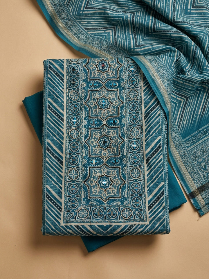 Blue Printed Chanderi Unstitched Dress Material