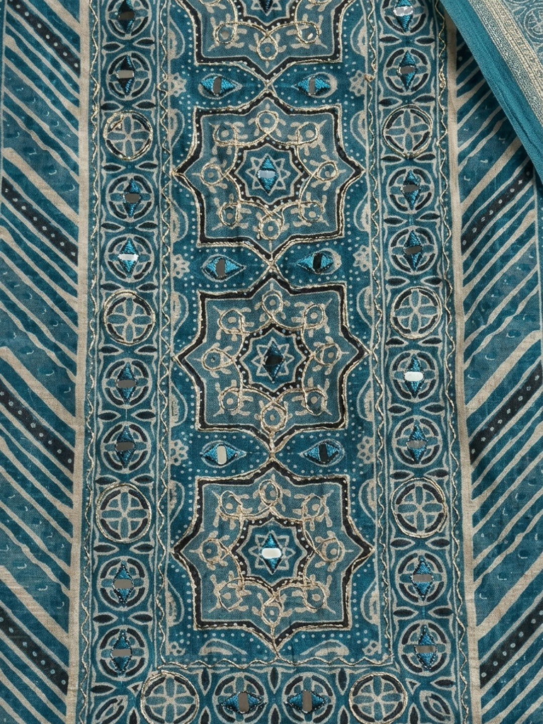 Blue Printed Chanderi Unstitched Dress Material
