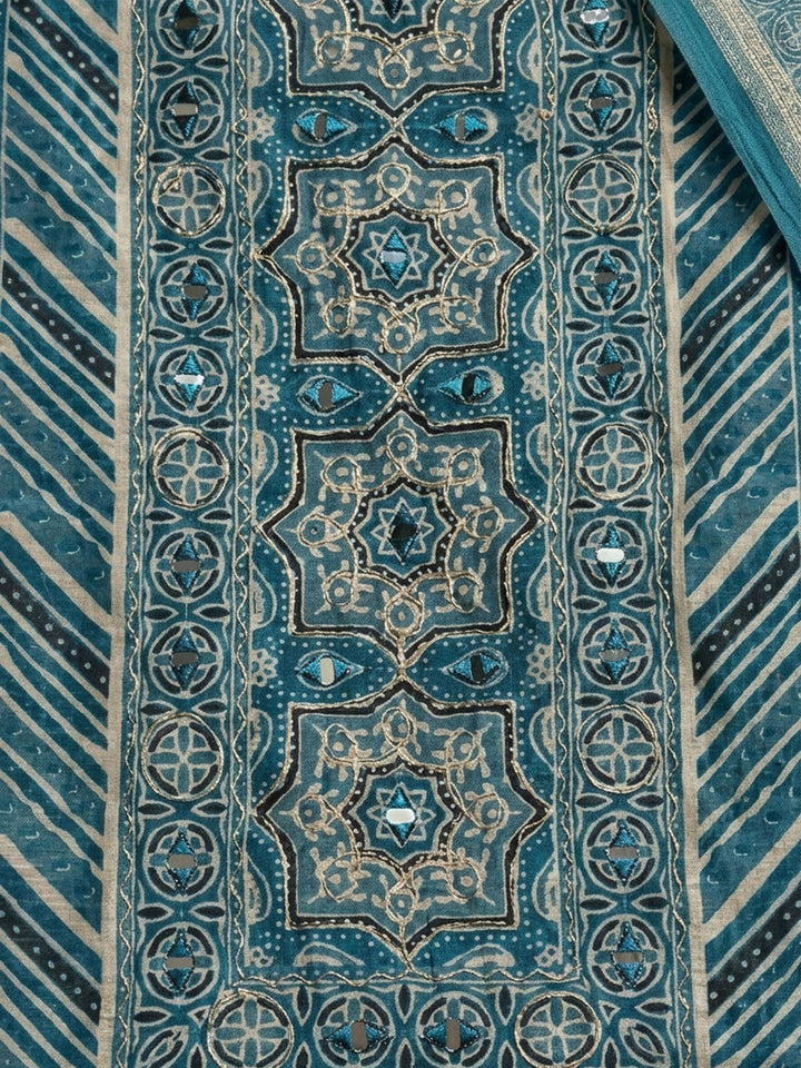 Blue Printed Chanderi Unstitched Dress Material