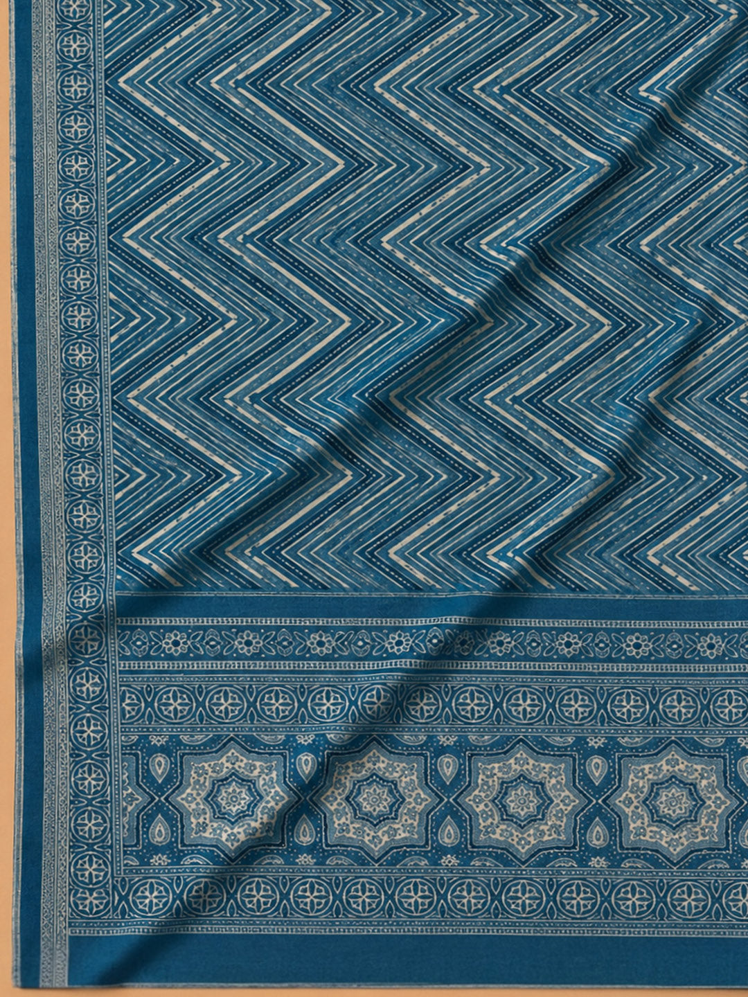 Blue Printed Chanderi Unstitched Dress Material