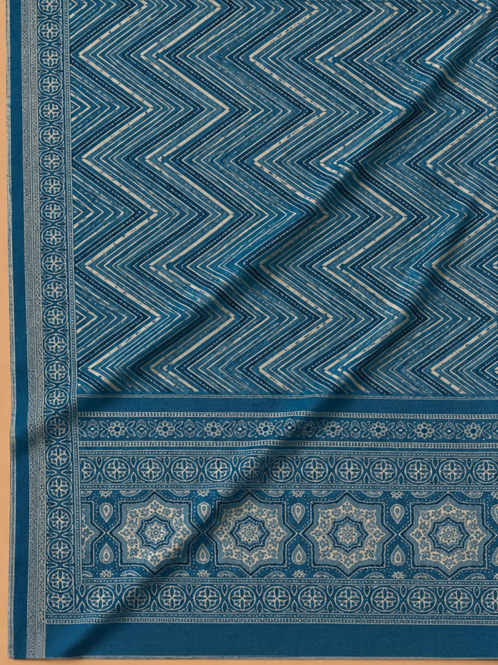 Blue Printed Chanderi Unstitched Dress Material