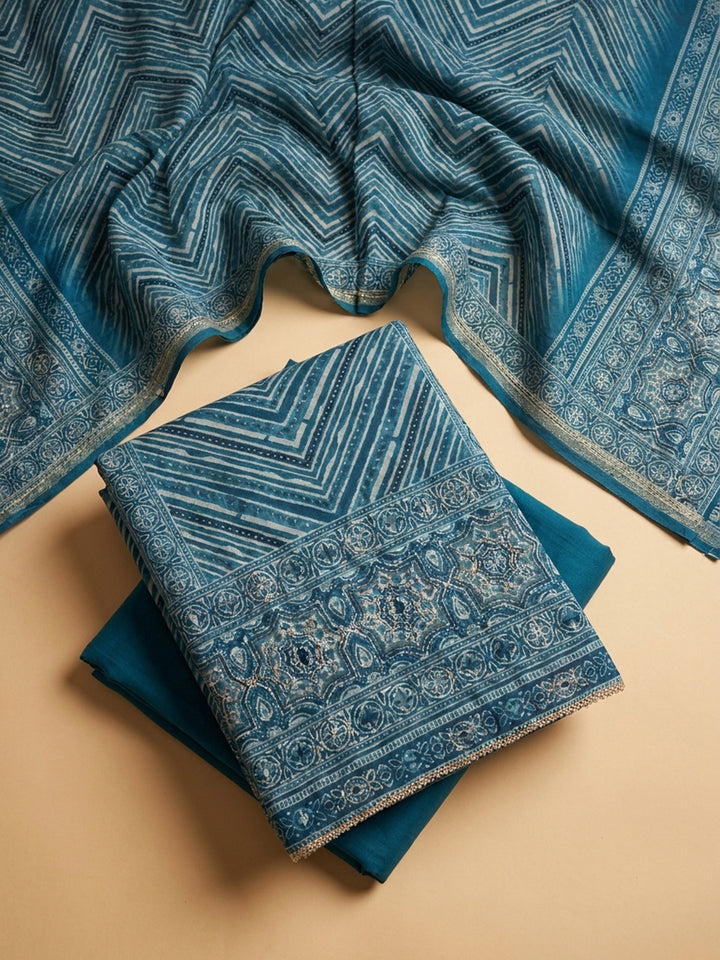 Blue Printed Chanderi Unstitched Dress Material