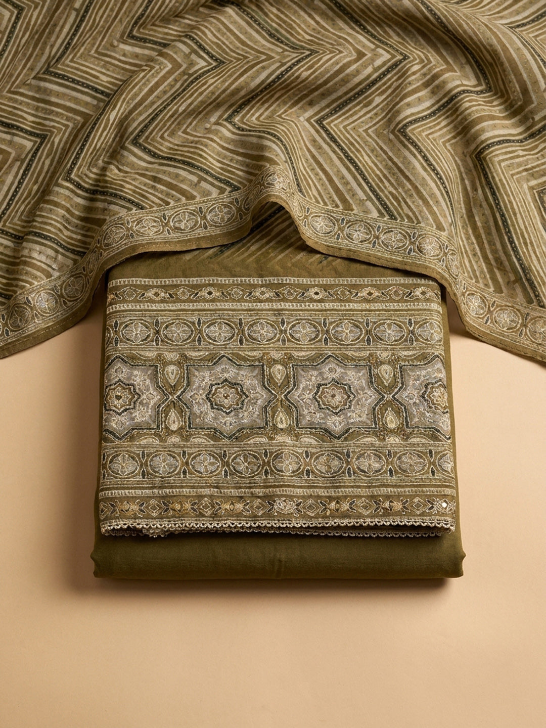 Mehndi Printed Chanderi Unstitched Dress Material