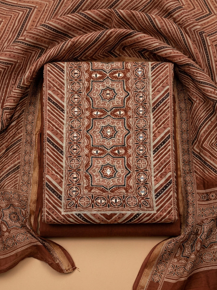 Rust Printed Chanderi Unstitched Dress Material