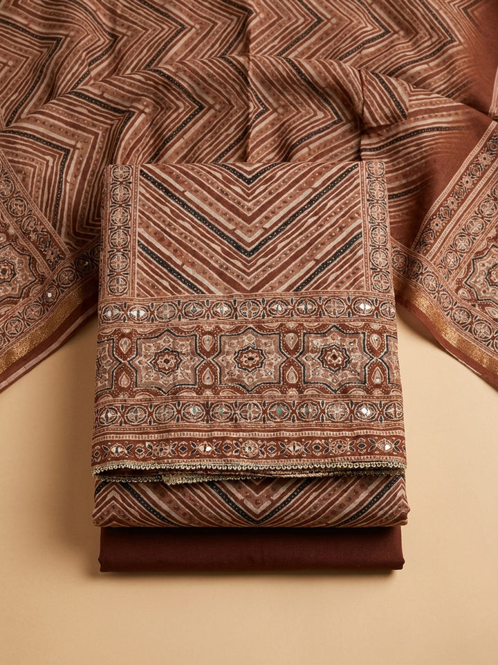 Rust Printed Chanderi Unstitched Dress Material