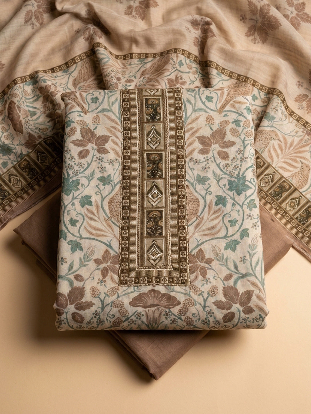 Brown Printed Cotton Blend Unstitched Dress Material