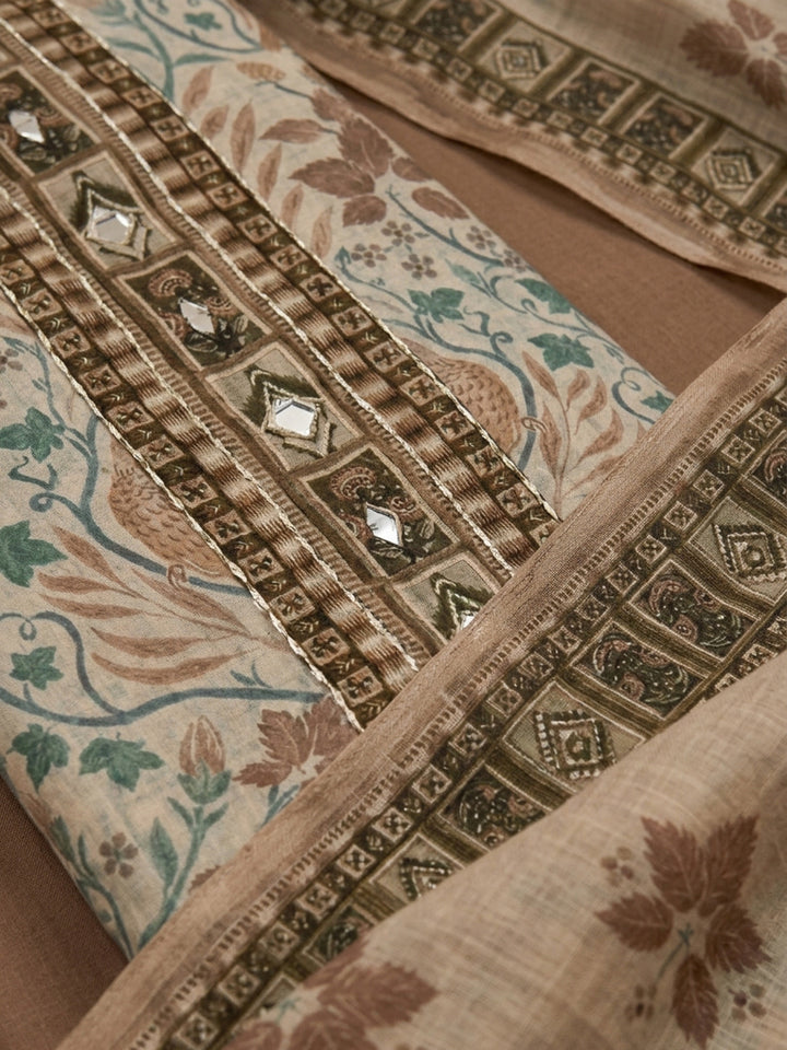 Beige Printed Chanderi Unstitched Dress Material