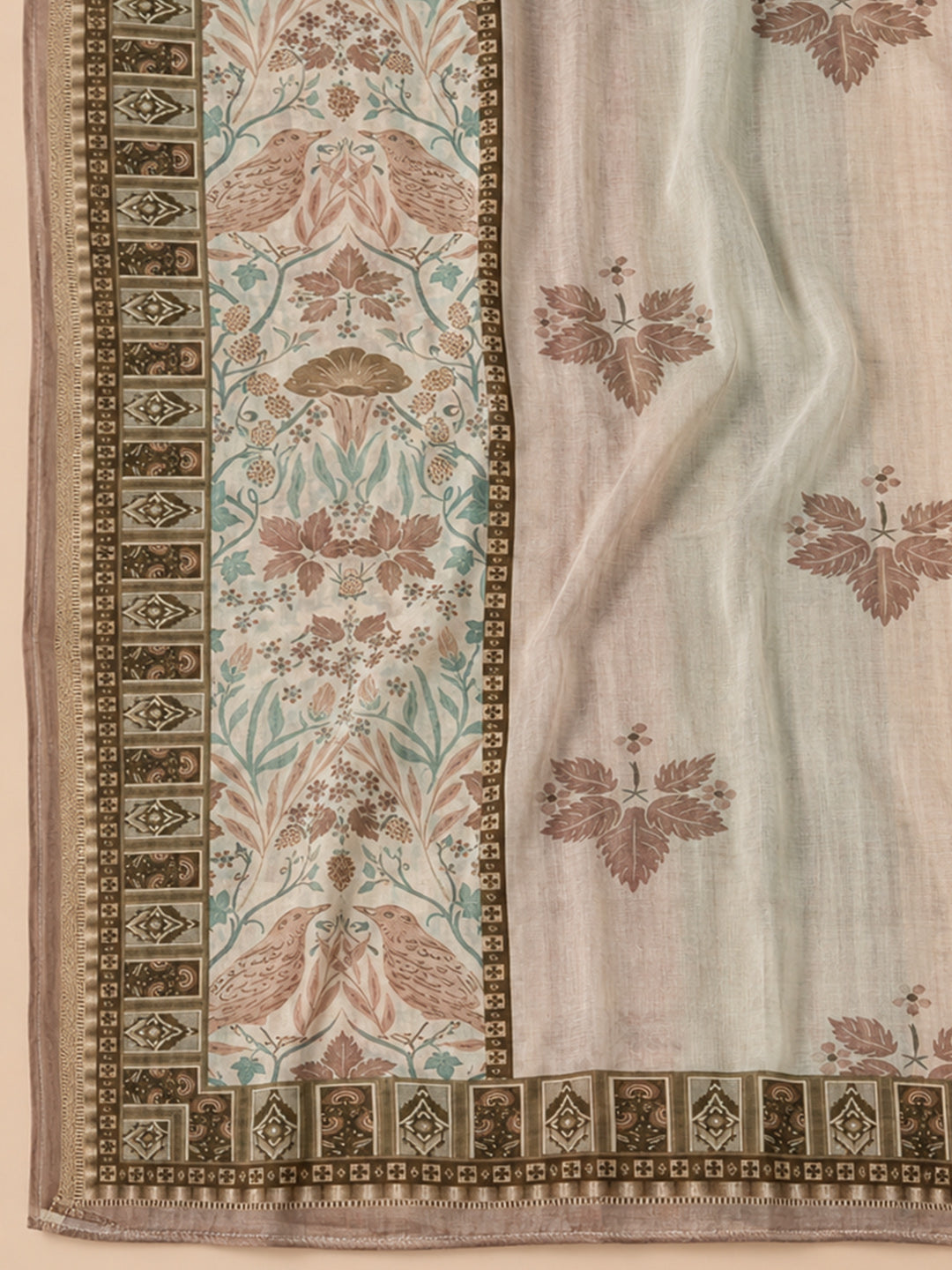 Beige Printed Chanderi Unstitched Dress Material