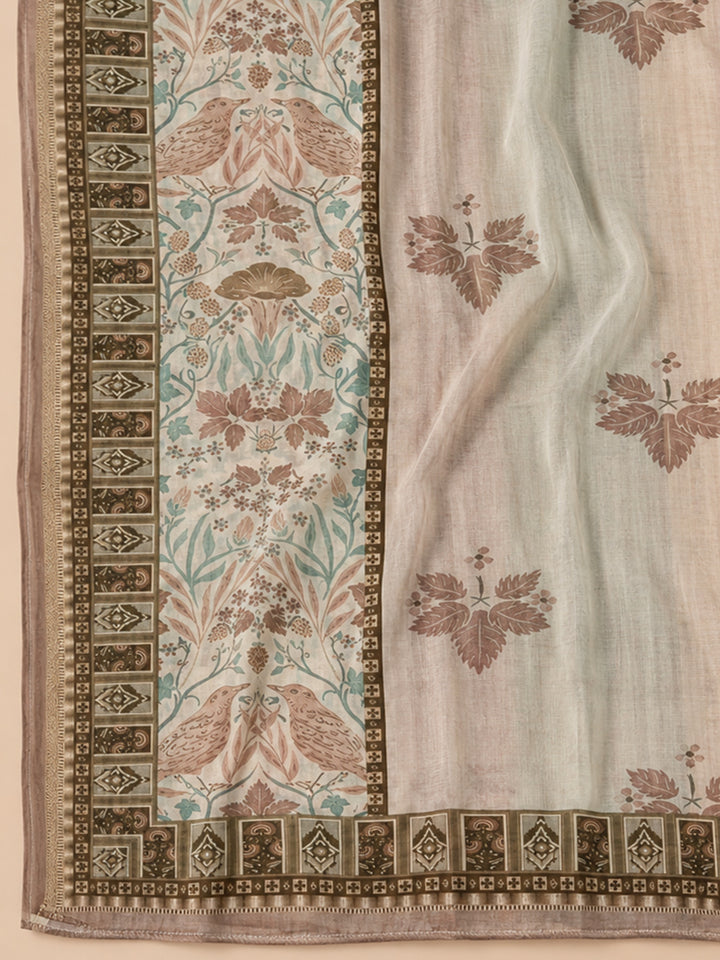 Beige Printed Chanderi Unstitched Dress Material