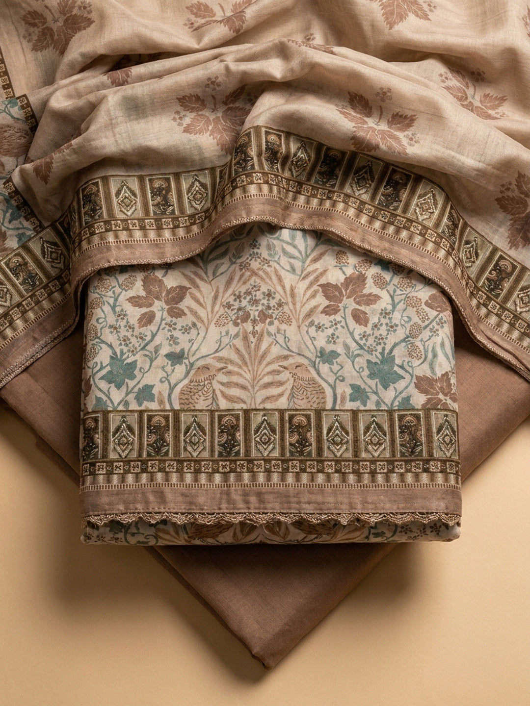 Beige Printed Chanderi Unstitched Dress Material
