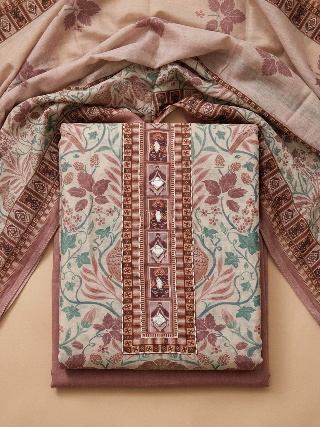 Onion Pink Printed Chanderi Unstitched Dress Material
