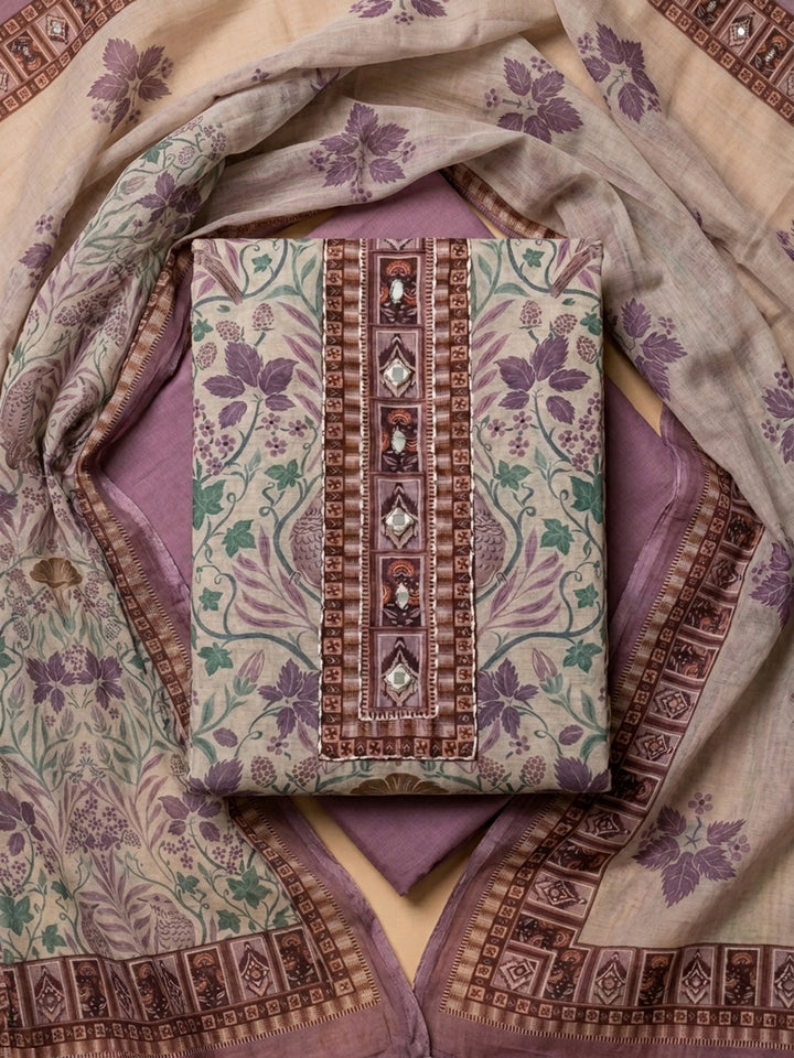 Purple Printed Chanderi Unstitched Dress Material
