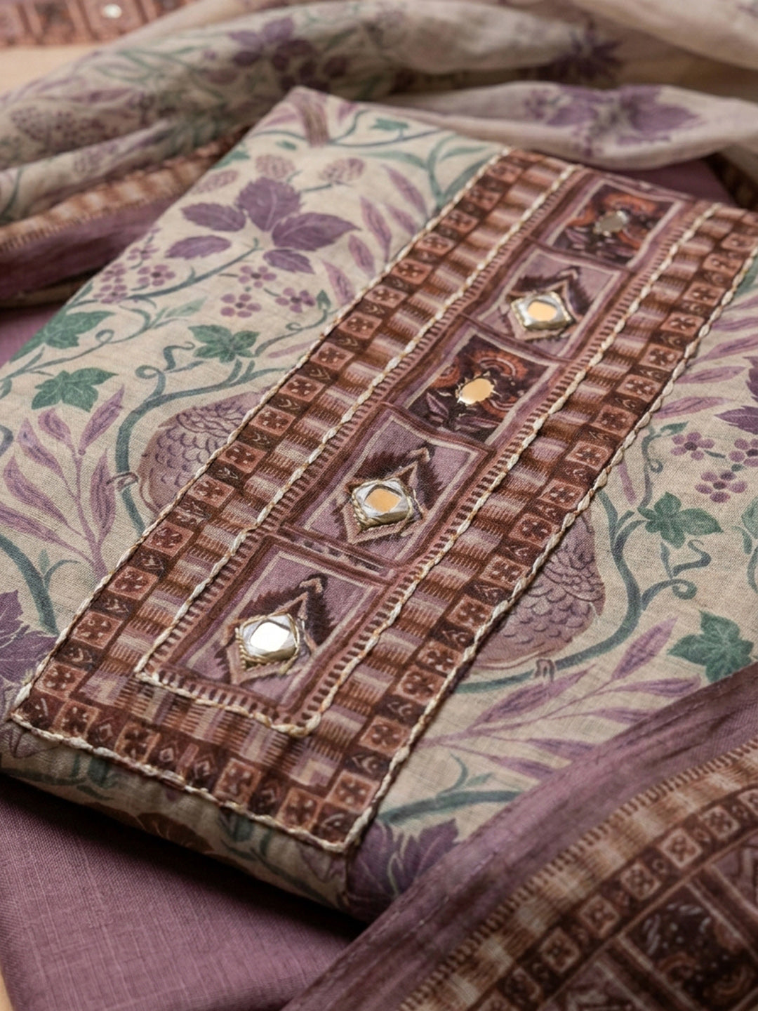 Purple Printed Chanderi Unstitched Dress Material