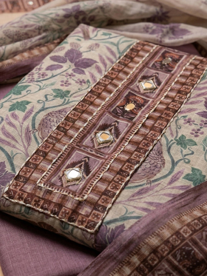 Purple Printed Chanderi Unstitched Dress Material