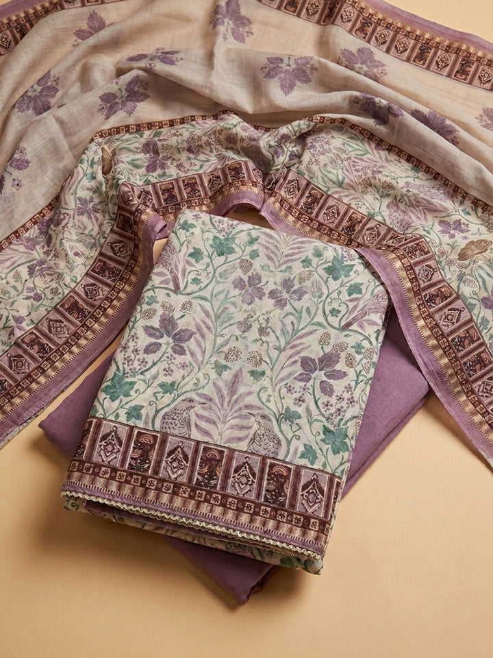 Purple Printed Chanderi Unstitched Dress Material
