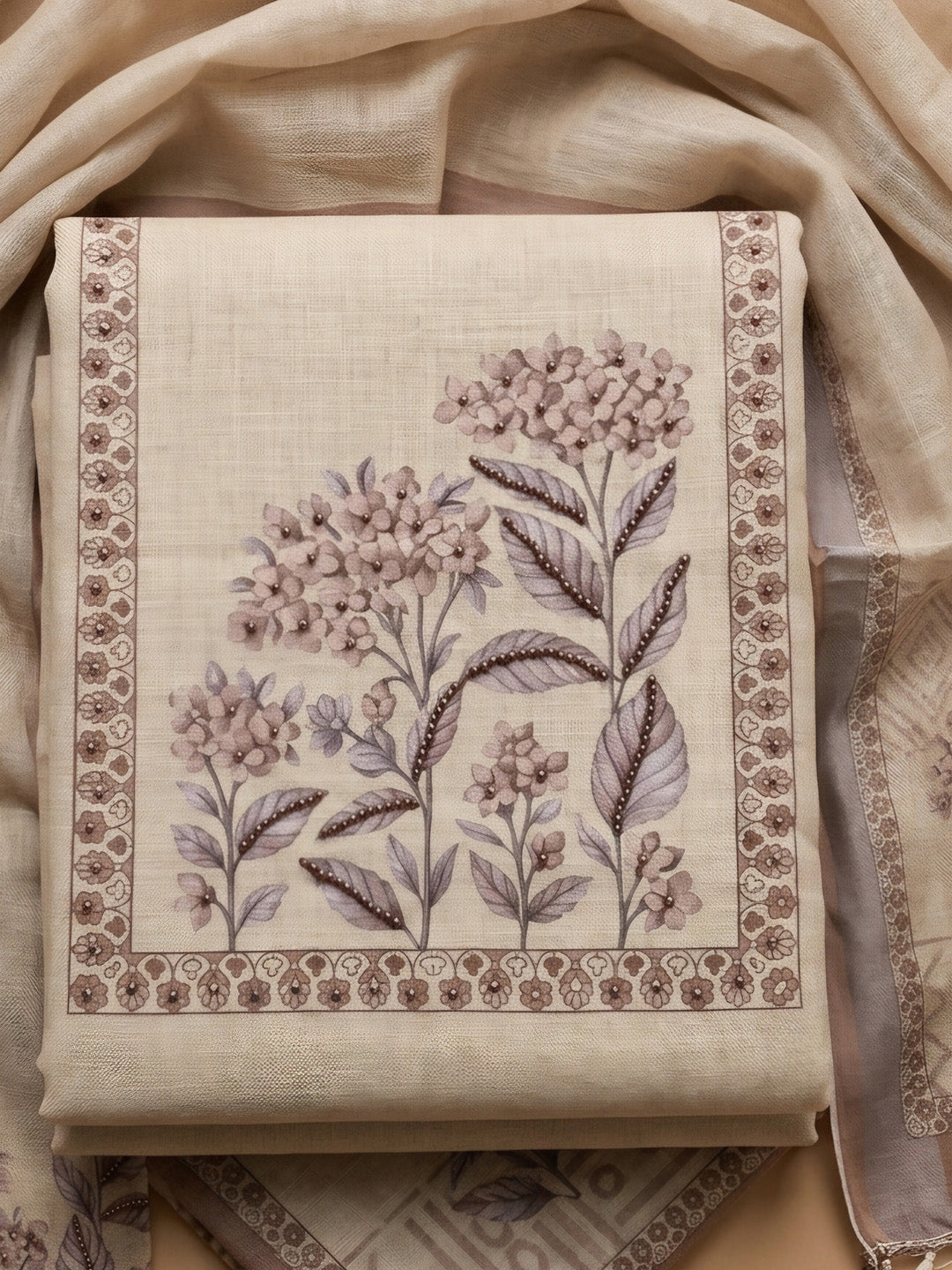 Beige Printed Linen Blend Unstitched Suit &amp; Pant With Linen Dupatta