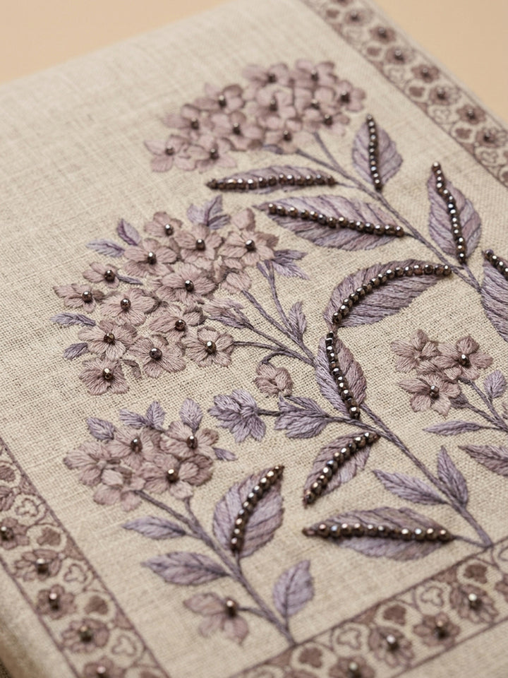 Beige Printed Linen Blend Unstitched Suit &amp; Pant With Linen Dupatta