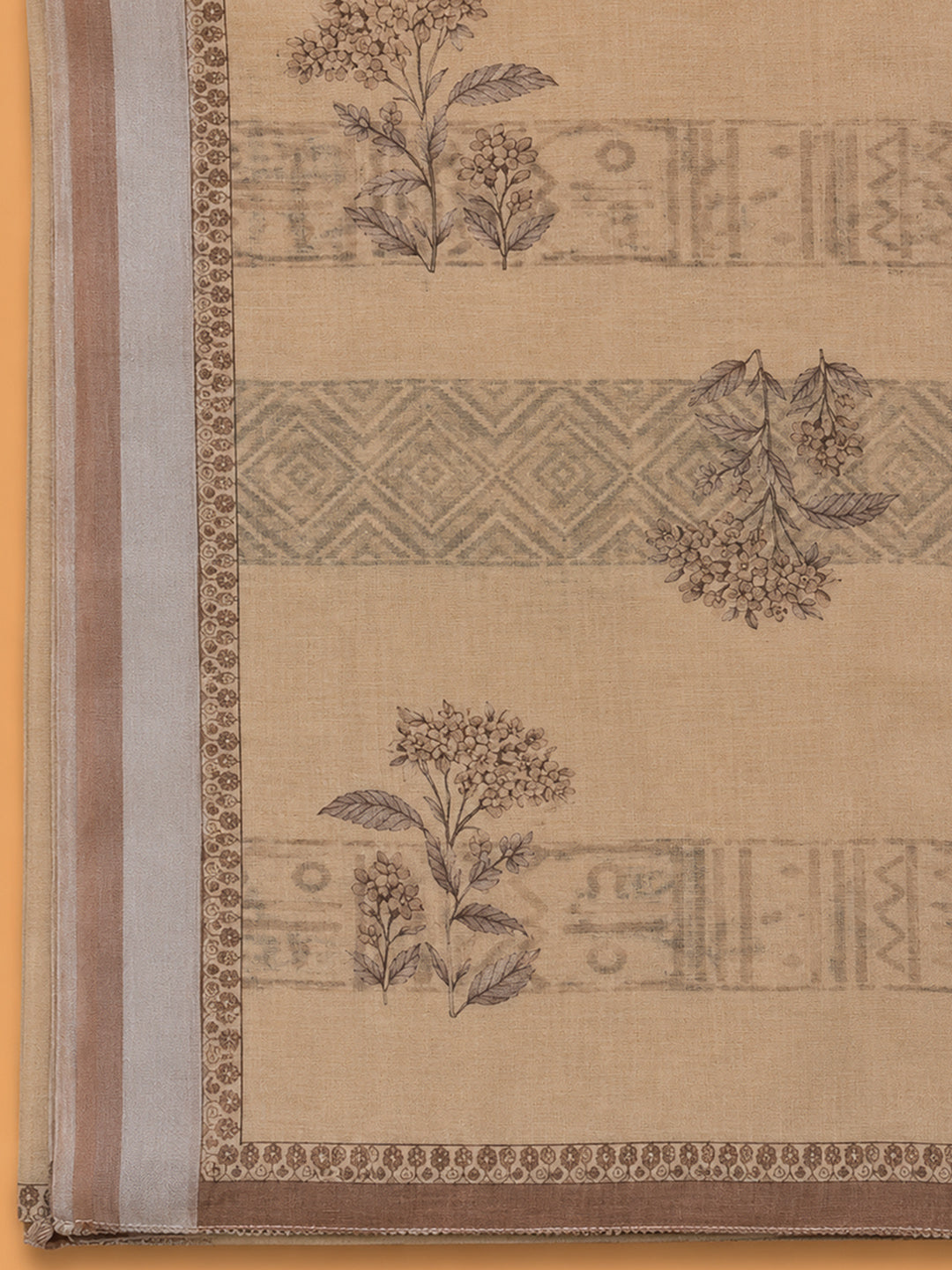 Beige Printed Linen Blend Unstitched Suit &amp; Pant With Linen Dupatta