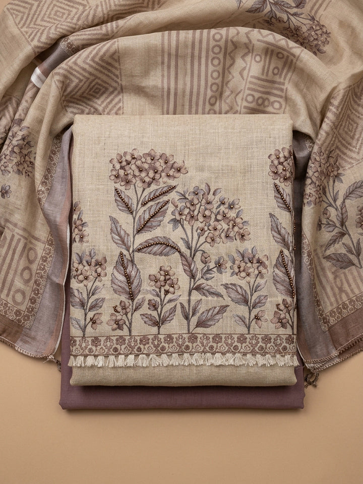 Beige Printed Linen Blend Unstitched Suit &amp; Pant With Linen Dupatta