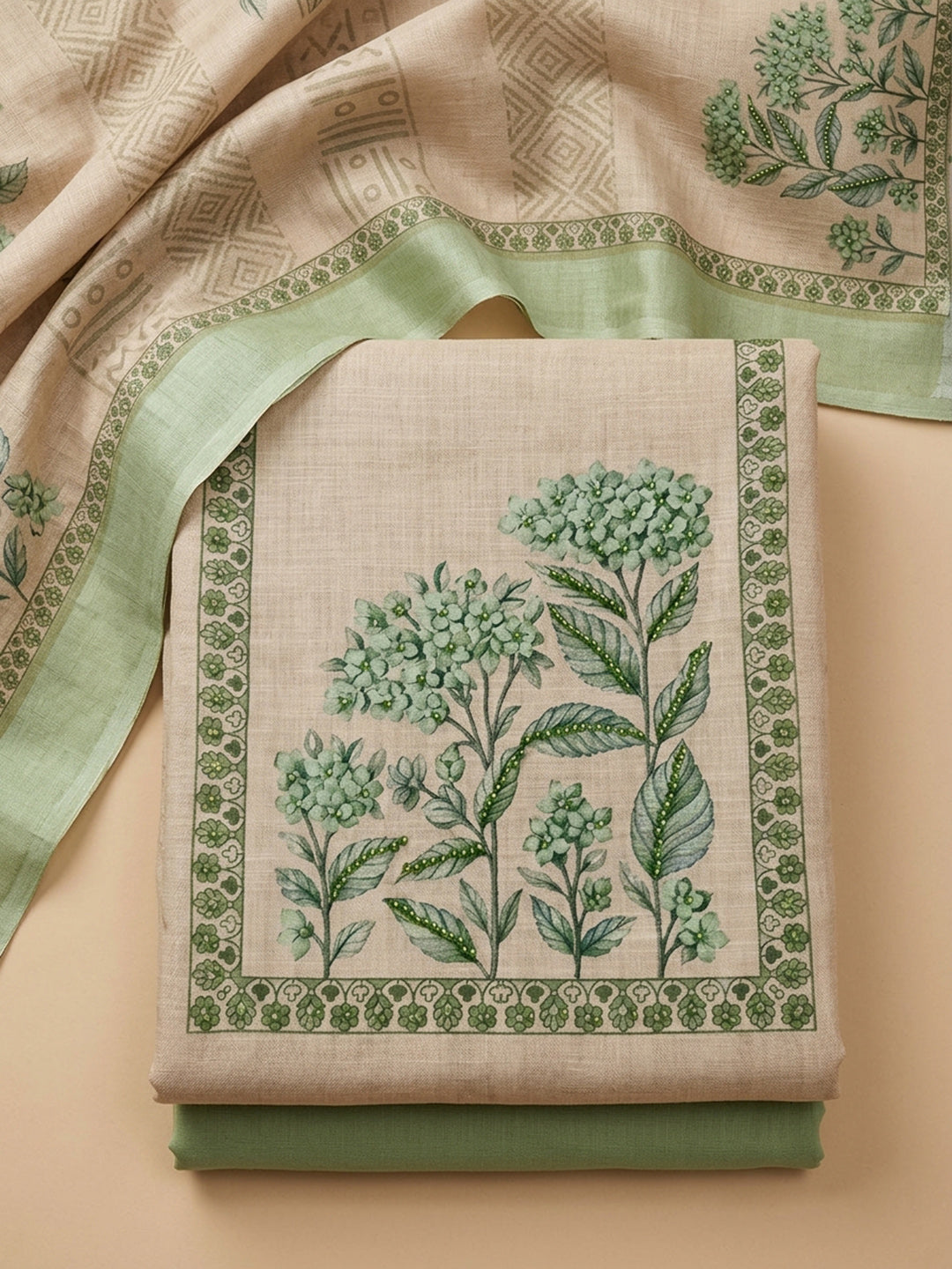 Pista Green Printed Linen Blend Unstitched Suit &amp; Pant With Linen Dupatta