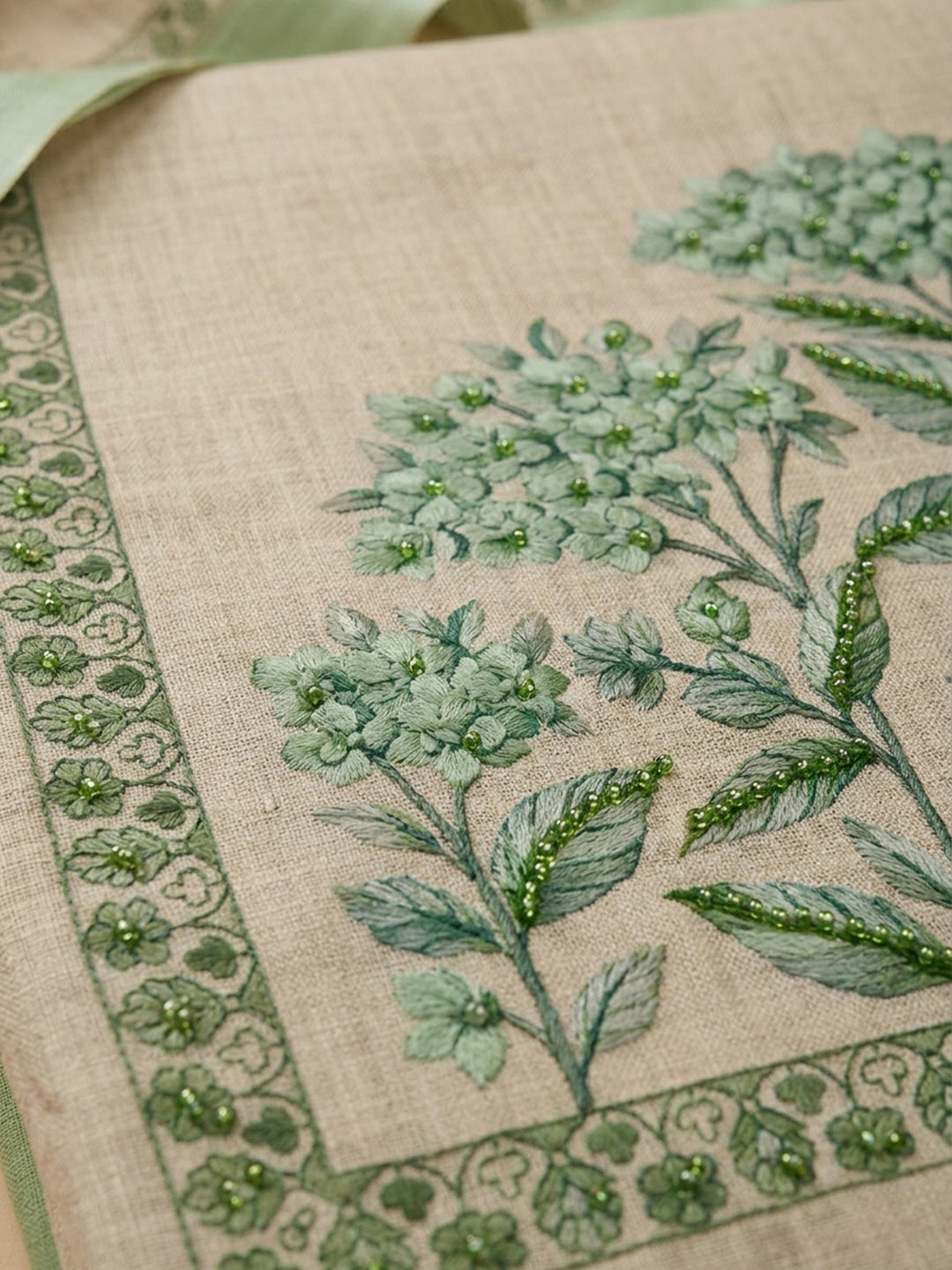Pista Green Printed Linen Blend Unstitched Suit &amp; Pant With Linen Dupatta