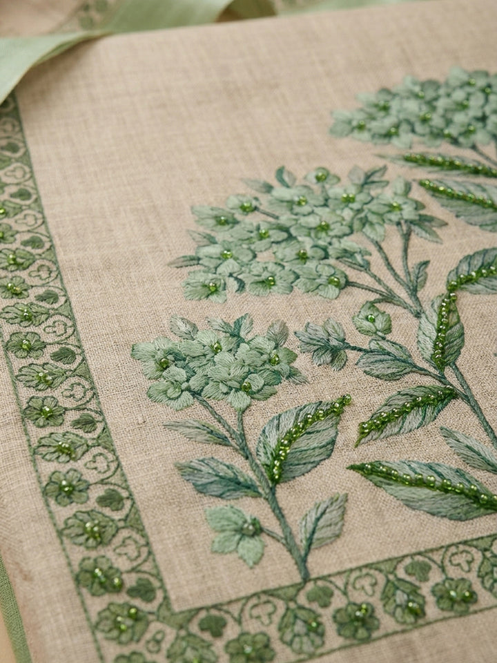 Pista Green Printed Linen Blend Unstitched Suit &amp; Pant With Linen Dupatta